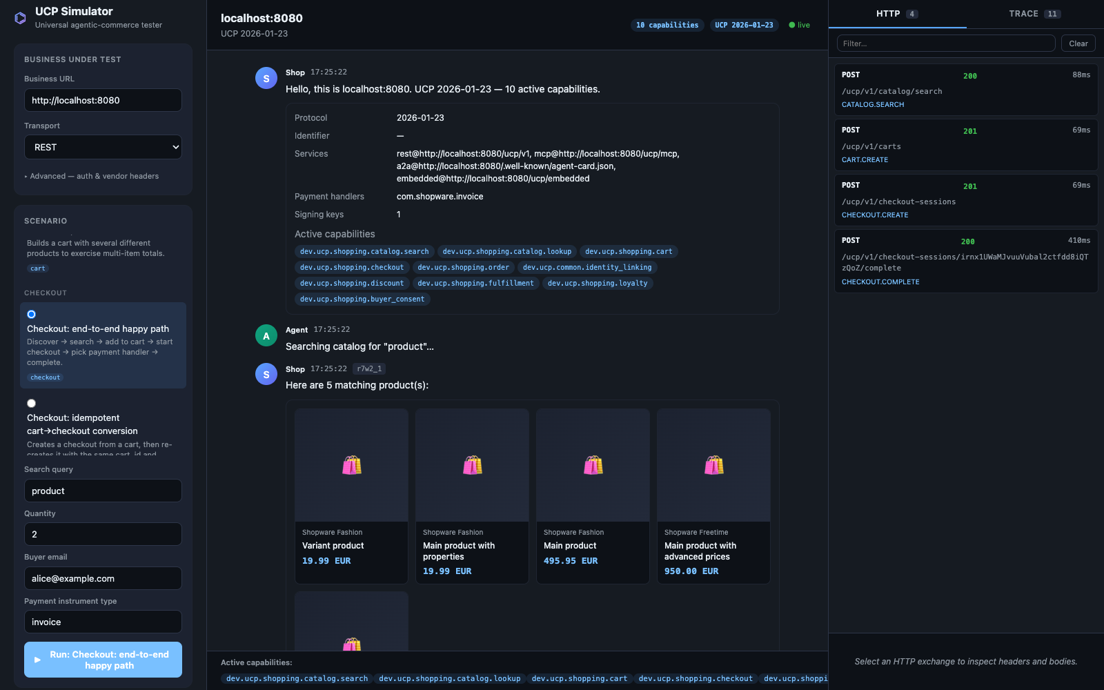 Simulator running a full checkout — top of the conversation