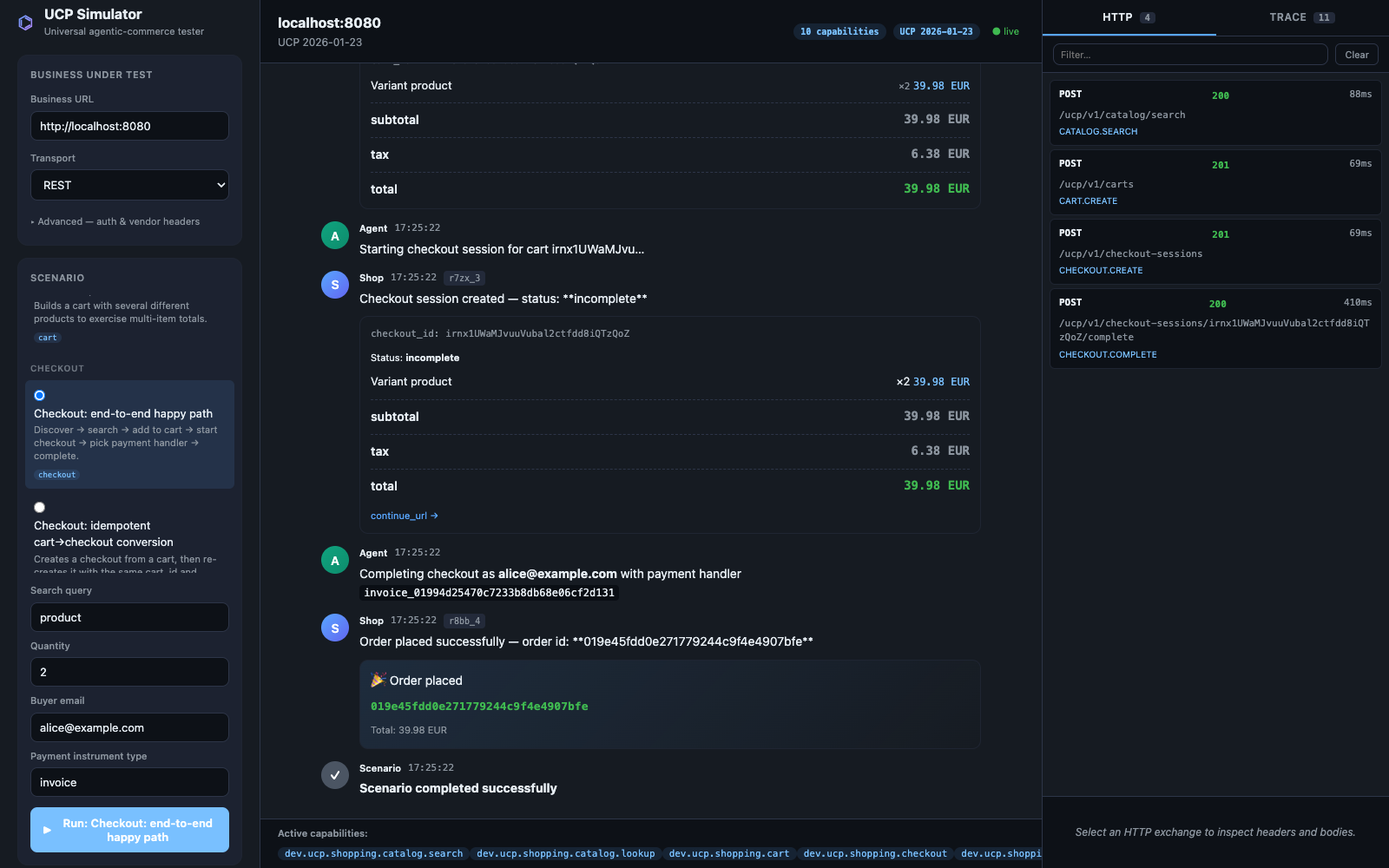 Simulator checkout — bottom of the conversation with order